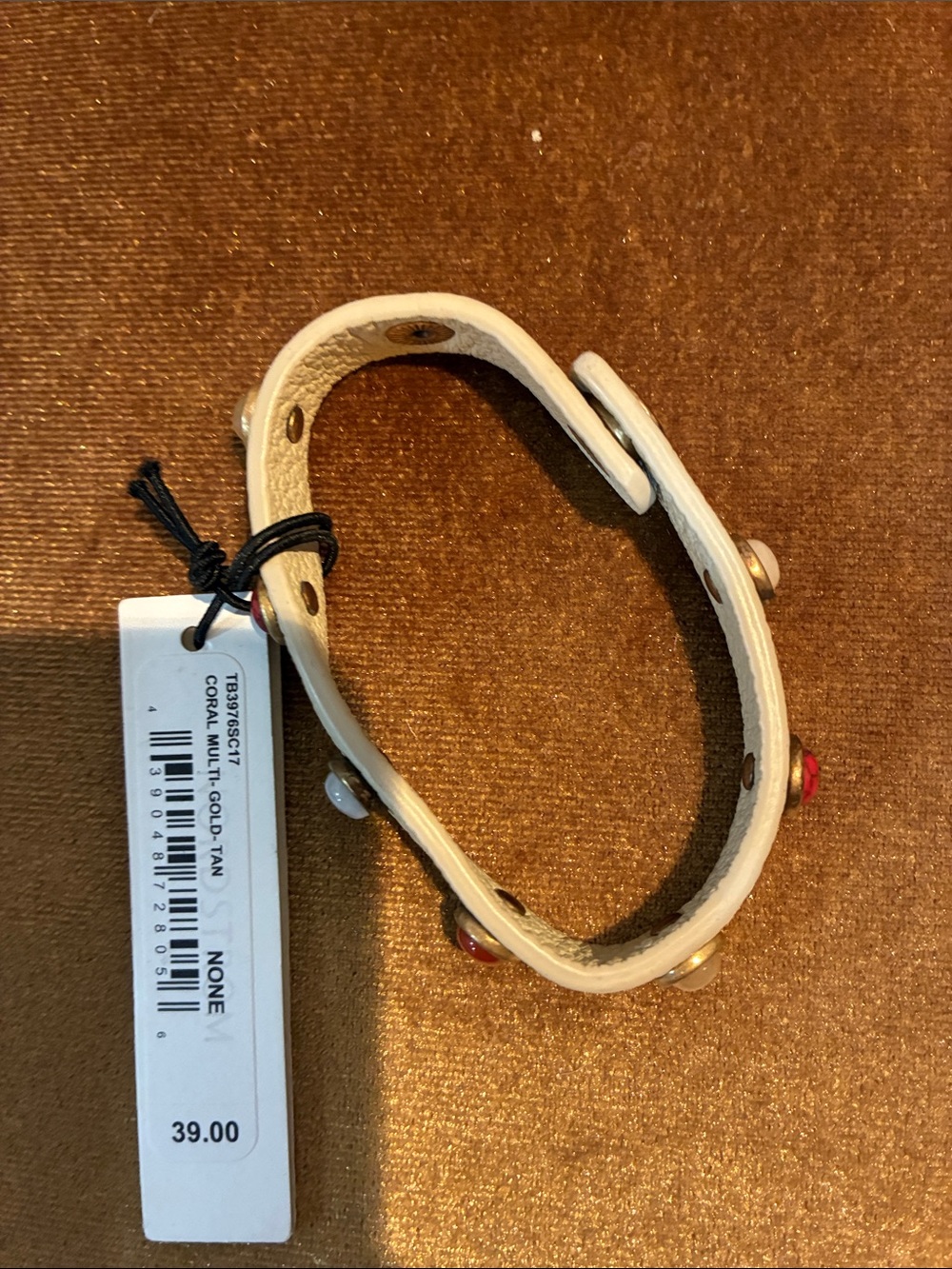 Treasure & Bond White Leather Bracelet with Gold and Coral Studs